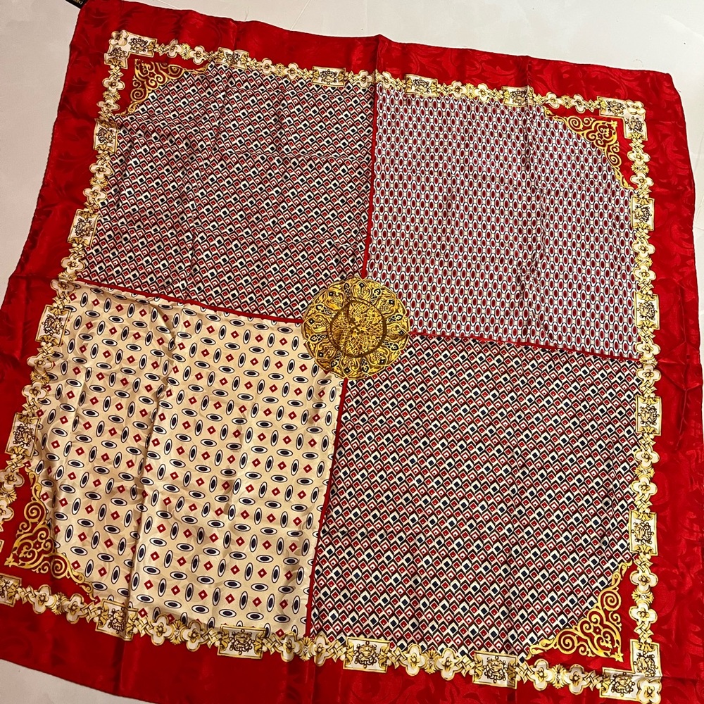 Enrico Coveri Large Red Square Patterned Silk Scarf - Italy - Picture 5 of 11